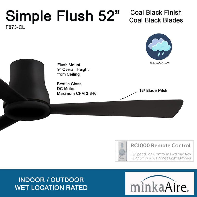 Minka Aire Simple Flush Hugger 52" Coal Black Outdoor Ceiling Fan with Remote