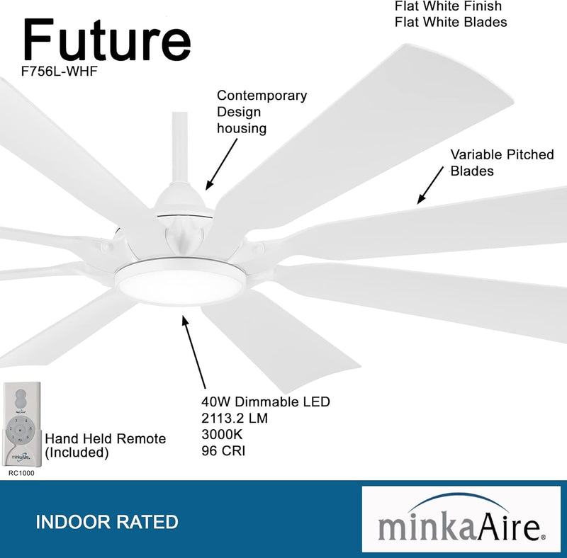 Minka Aire Future F756L-WHF 65-Inch Wet LED Outdoor Ceiling Fan in Flat White with Remote