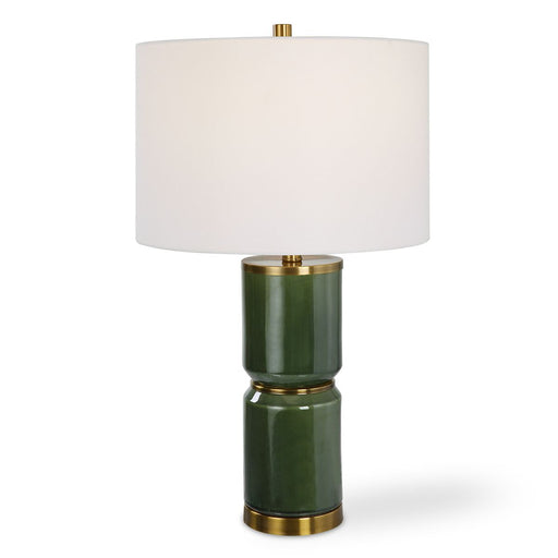 Solindra Dark Green Modern Ceramic Table Lamp with White Linen Shade (26" H Lamp with 10" H x 15" W Shade)