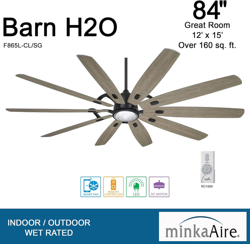 Minka Aire Barn H2O F865L-CL/SG 84-Inch Smart LED Outdoor Modern Ceiling Fan in Coal Black with Seashore Grey Blades and Remote