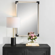 Uttermost Marina 09942 white cotton rope modern coastal rectangle bathroom vanity mirror with matte black iron details, 24 in. W x 36 in. H