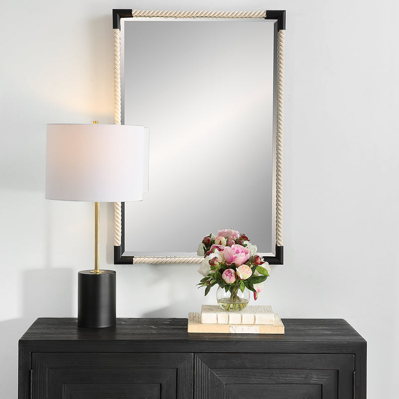 Uttermost Marina 09942 white cotton rope modern coastal rectangle bathroom vanity mirror with matte black iron details, 24 in. W x 36 in. H
