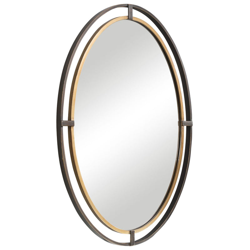 Veluna Rustic Bronze and Antique Gold Mirror | Modern Oval Iron Frame Bathroom Vanity Mirror (24 in. W x 35 in. H x 2 in. D)