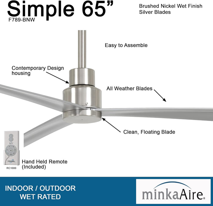 Minka Aire Simple 65" Outdoor Brushed Nickel Wet Ceiling Fan with Remote Control
