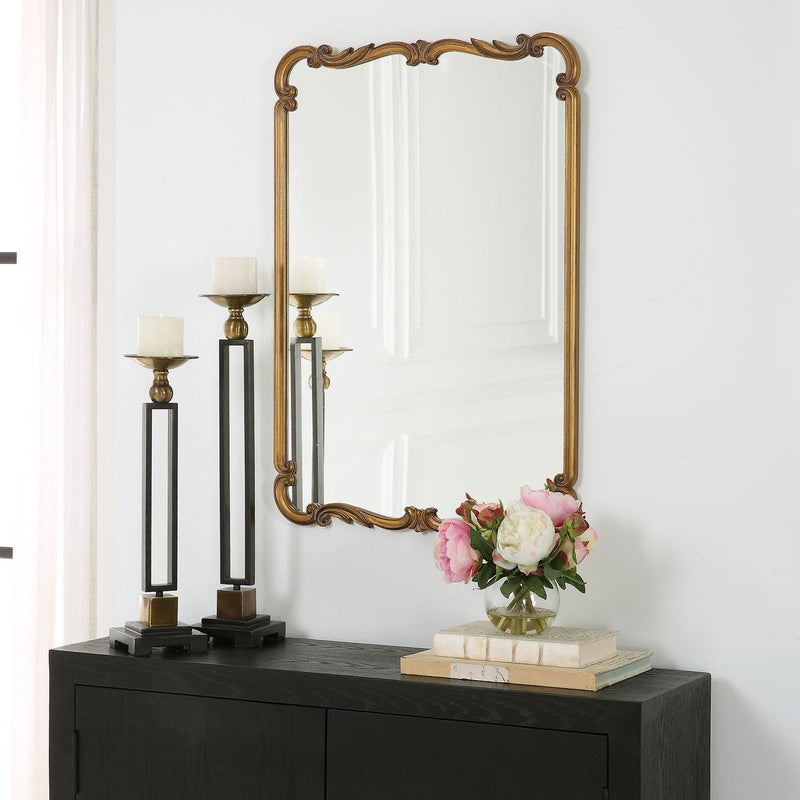 Galentra Antique Gold Mirror | Classic Ornate Rectangle Engineered Wood Frame Bathroom Vanity Mirror Mounted Vertical or Horizontal (22 in. W x 32 in. H x 1 in. D)