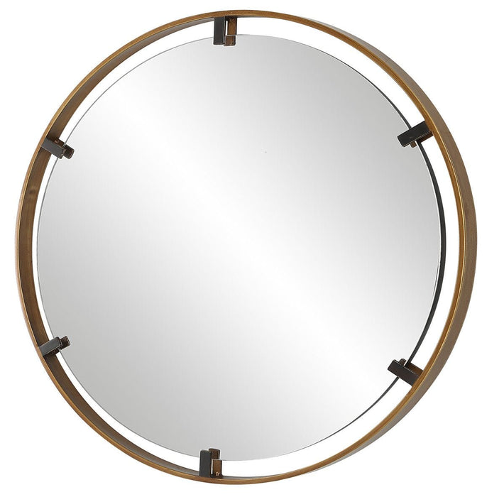 Axion Rich Gold and Dark Bronze Mirror | Modern Round Iron Frame Bathroom Vanity Mirror (32 in. W x 32 in. H x 1 in. D)