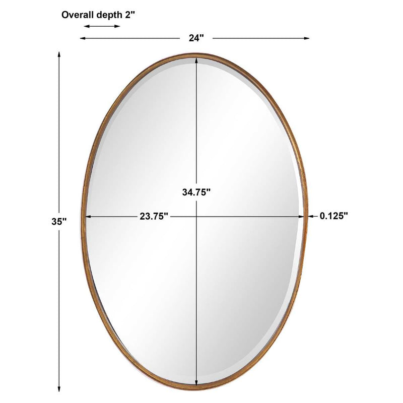 Mirza Gold Leaf Mirror | Modern Oval Iron Frame Bathroom Vanity Mirror Mounted Vertical or Horizontal (24 in. W x 35 in. H x 2 in. D)