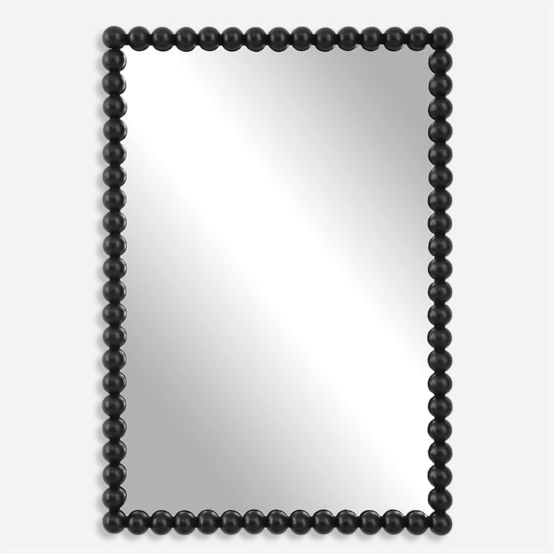 Uttermost Serna 09789 black modern rectangle bathroom vanity mirror with iron beaded frame in satin black, 21 in. W x 30 in. H