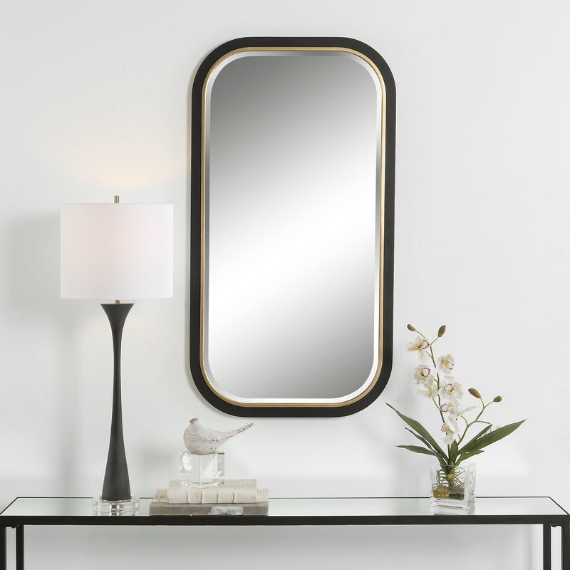 Uttermost Nevaeh 09880 black and gold modern rectangle bathroom vanity mirror with curved satin black frame and gold leaf inner edge, 23 in. W x 43 in. H