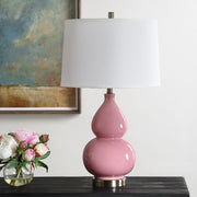 Hollis Bubblegum Pink Glaze Modern Ceramic Table Lamp with White Linen Shade (26" H Lamp with 10" H x 15" W Shade)