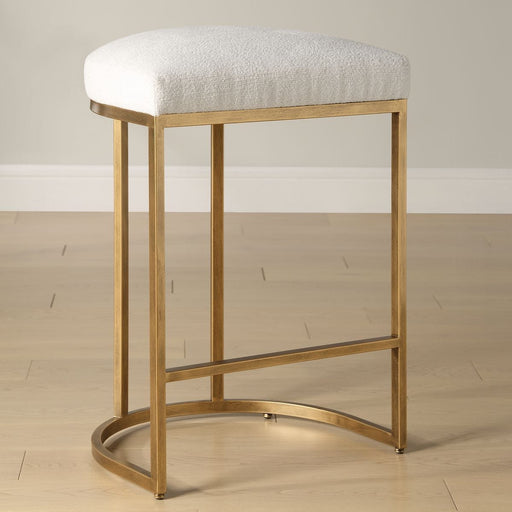 Stellix Antique Brushed Brass Counter Stool | Modern Iron Frame with Light Cream Performance Fabric (19 in. W x 26 in. H x 14 in. D)