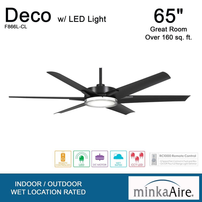 Minka Aire Deco F866L-CL 65-Inch LED Outdoor Modern Ceiling Fan in Coal Black with Remote