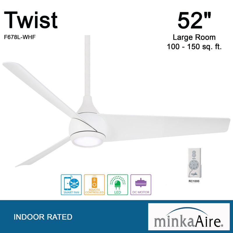 Minka Aire Twist F678L-WHF 52-Inch LED Ceiling Fan in Flat White with Remote