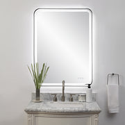 Uttermost Crofton 09946 black modern LED rectangle bathroom vanity mirror with integrated lighting, frosted strip mirror, and satin black frame, 30 in. W x 40 in. H