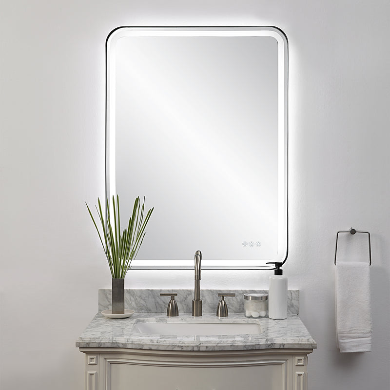 Uttermost Crofton 09946 black modern LED rectangle bathroom vanity mirror with integrated lighting, frosted strip mirror, and satin black frame, 30 in. W x 40 in. H