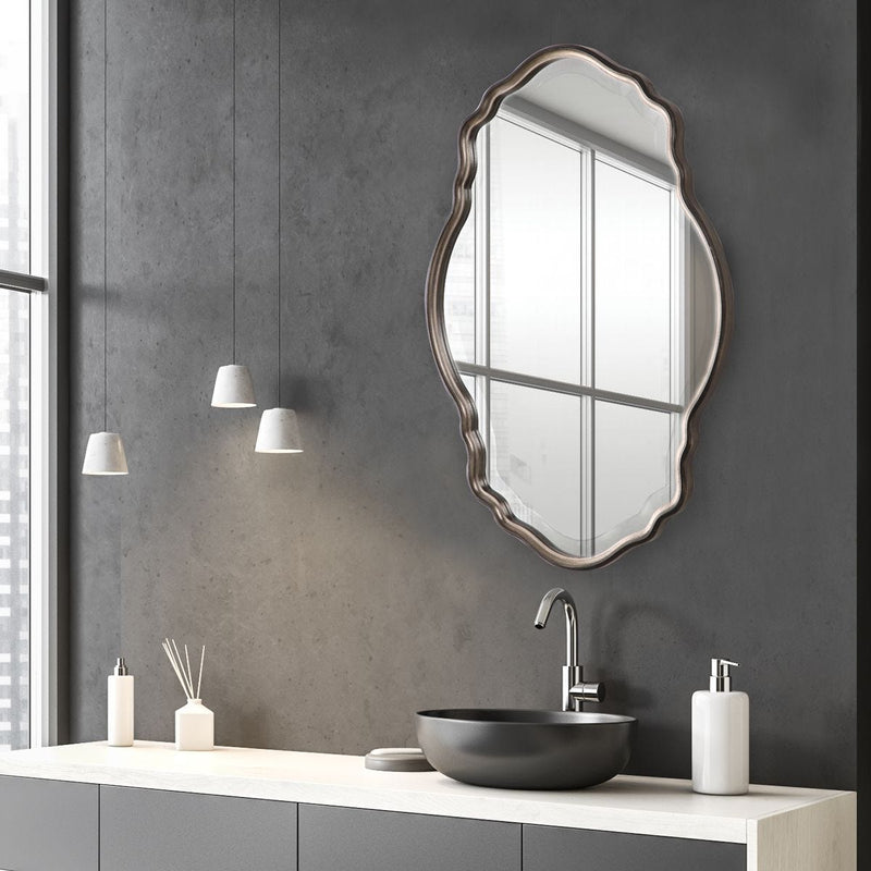 Lunava Antique Silver Champagne Mirror | Modern Oval Engineered Wood Frame Bathroom Vanity Mirror Mounted Vertical or Horizontal (22 in. W x 33 in. H x 1 in. D)