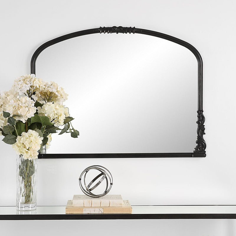 Evara Satin Black Mirror | Classic Ornate Baroque Mantel Engineered Wood Frame Mirror (38 in. W x 28 in. H x 1 in. D)