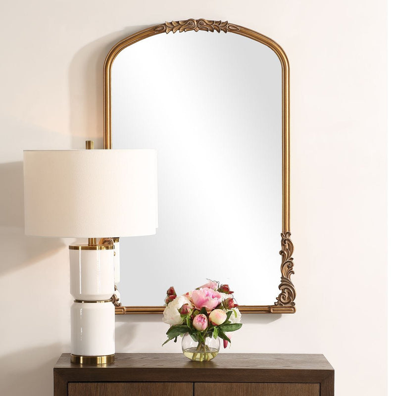 Evara Antique Gold Mirror | Classic Ornate Baroque Arch Engineered Wood Frame Mirror (24 in. W x 36 in. H x 1 in. D)