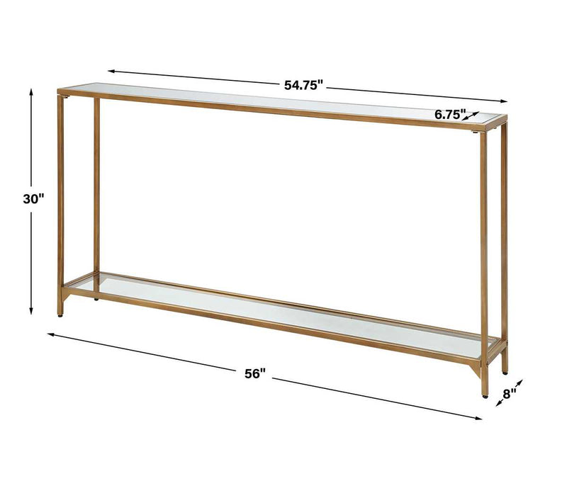 Tivlo Console Table | Warm Gold with Mirrored Top and Tempered Glass Bottom (56 in. W x 30 in. H x 8 in. D)