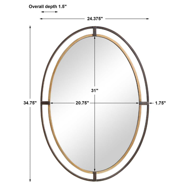 Veluna Rustic Bronze and Antique Gold Mirror | Modern Oval Iron Frame Bathroom Vanity Mirror (24 in. W x 35 in. H x 2 in. D)