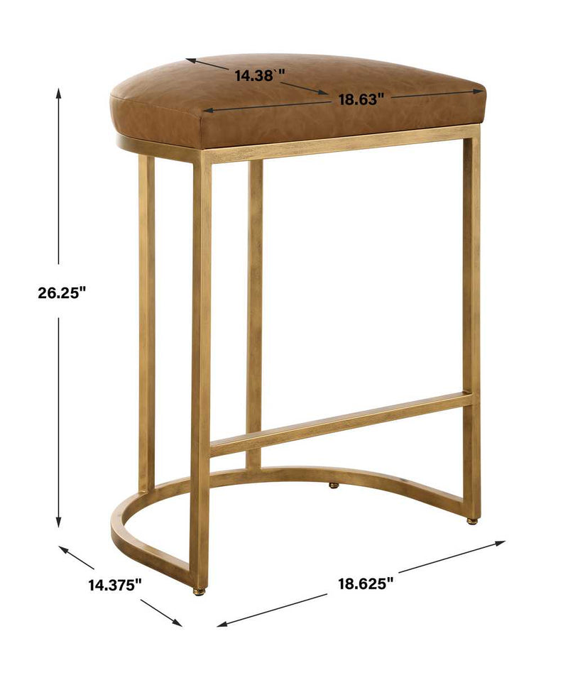 Stellix Antique Brushed Brass Counter Stool | Modern Iron Frame with Camel Colored Faux Leather Cushion  (19 in. W x 26 in. H x 14 in. D)