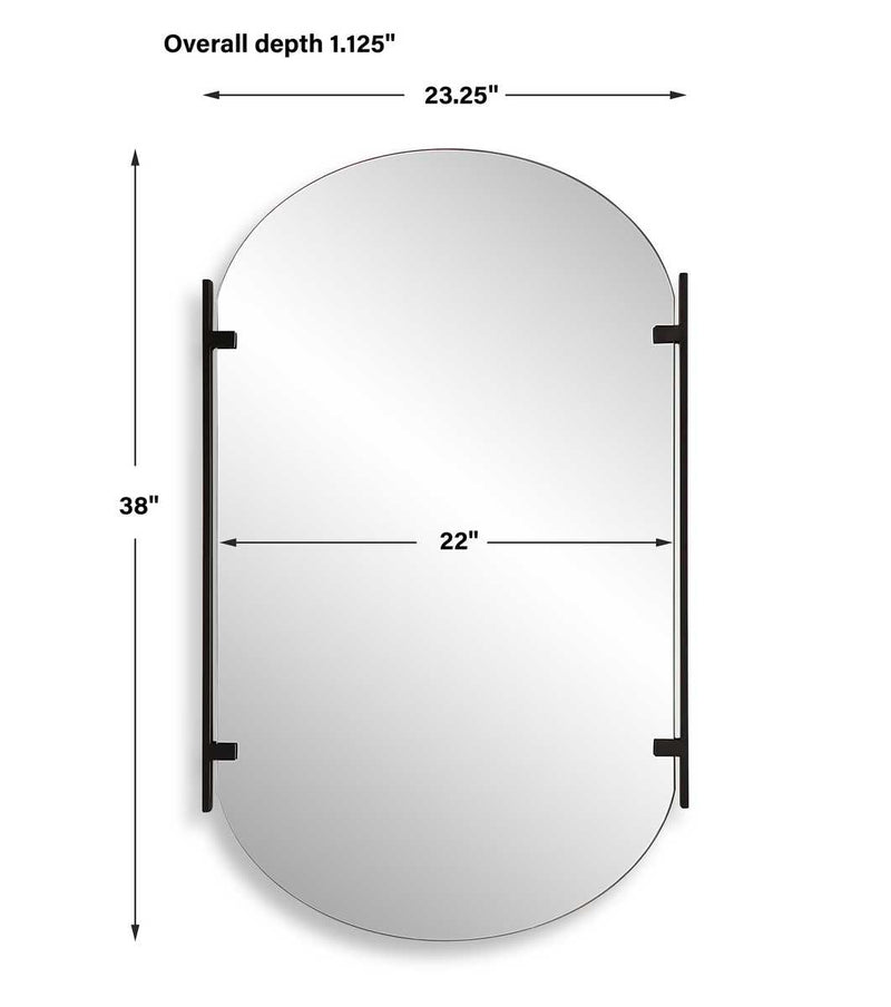 Capsina Satin Black Mirror | Modern Oval Iron Frame Bathroom Vanity Mirror Mounted Vertical or Horizontal (23 in. W x 38 in. H x 1 in. D)