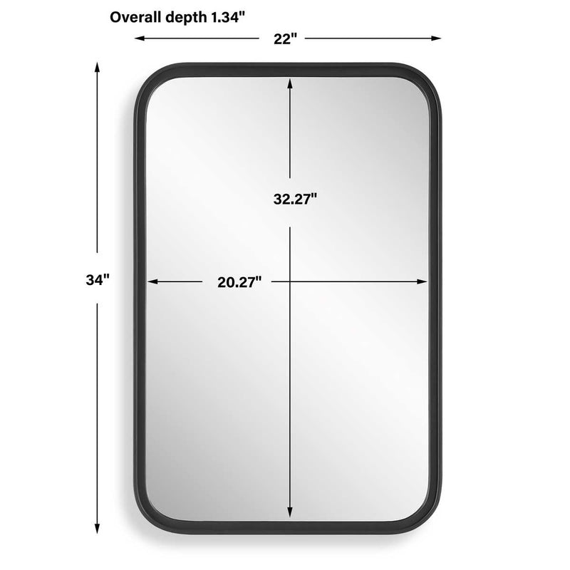 Obras Matte Black Mirror | Modern Rectangle Frame Bathroom Vanity Mirror with Rounded Corners Mounted Vertical or Horizontal (22 in. W x 34 in. H x 1 in. D)