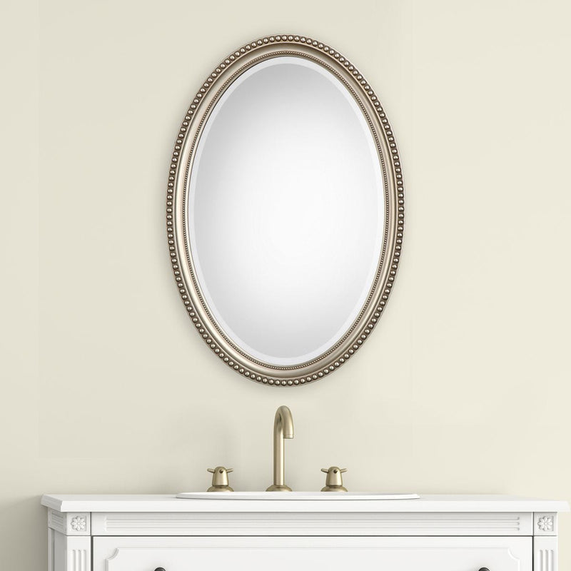 Gemi Metallic Silver Mirror | Modern Oval Polystyrene Frame Bathroom Vanity Mirror Mounted Vertical or Horizontal (22 in. W x 32 in. H x 1 in. D)