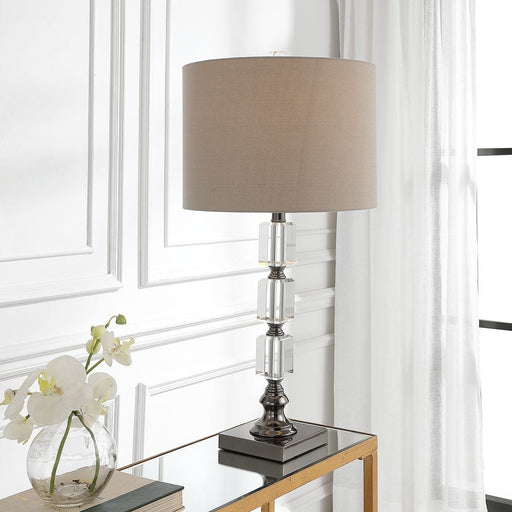 Prismara Modern Stacked Crystal Dark Antique Nickel Table Lamp with Light Taupe Linen Shade (29" H Lamp with 10" H x 14" W Shade)