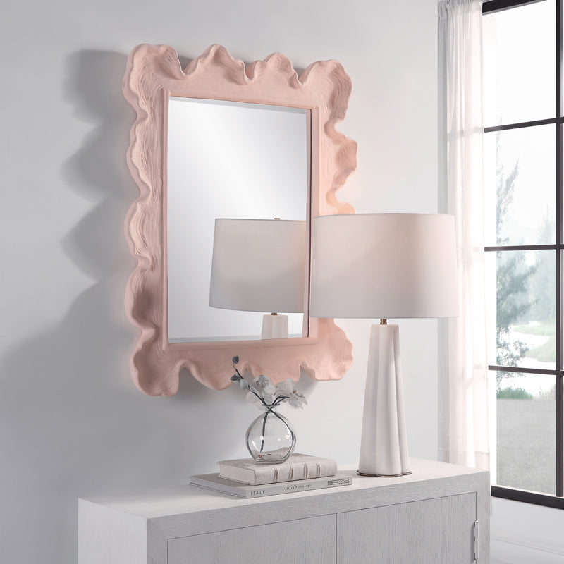 Uttermost Sea Coral 09955 pink modern coastal rectangle bathroom vanity mirror with organic coral-inspired textured frame, 27 in. W x 34 in. H