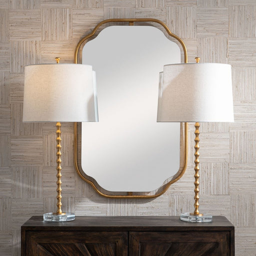 Astrava Gold Leaf Modern Metal Table Lamp with Ivory Linen Shade Set of 2 (29" H Lamp with 10" H x 13" W Shade)