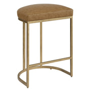 Stellix Antique Brushed Brass Counter Stool | Modern Iron Frame with Camel Colored Faux Leather Cushion  (19 in. W x 26 in. H x 14 in. D)