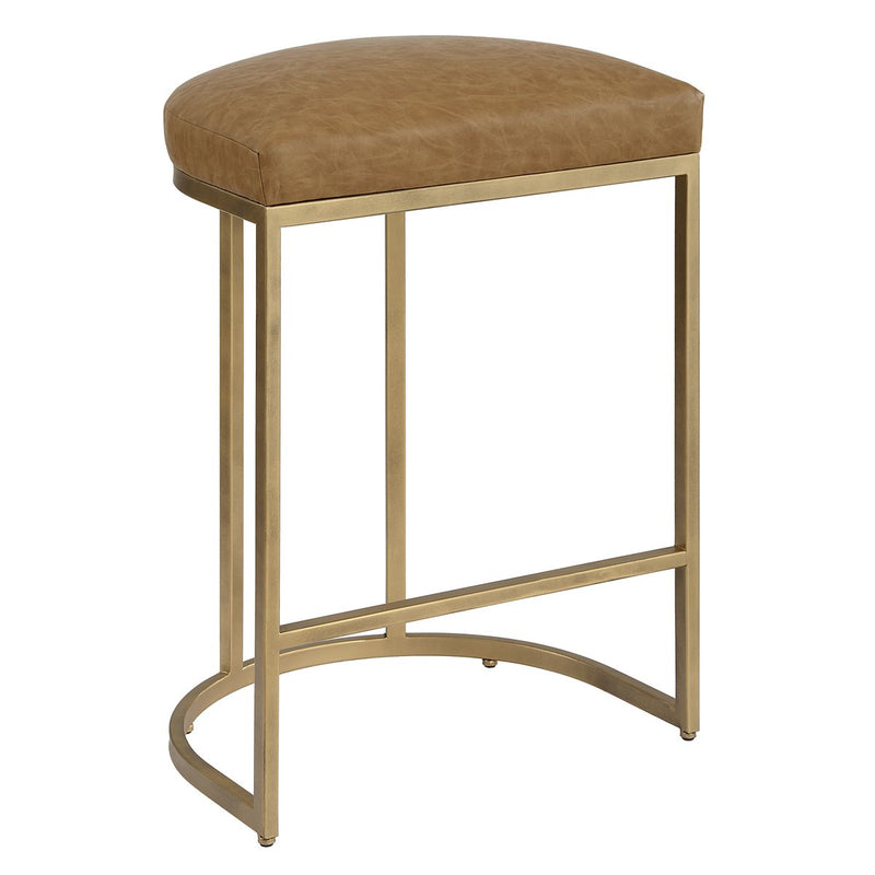 Stellix Antique Brushed Brass Counter Stool | Modern Iron Frame with Camel Colored Faux Leather Cushion  (19 in. W x 26 in. H x 14 in. D)