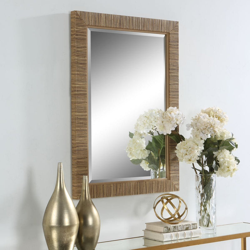 Seavell Coastal Mirror | Modern Rectangle Rattan Polymer Frame Bathroom Vanity Mirror Mounted Vertical or Horizontal (25 in. W x 35 in. H x 2 in. D)