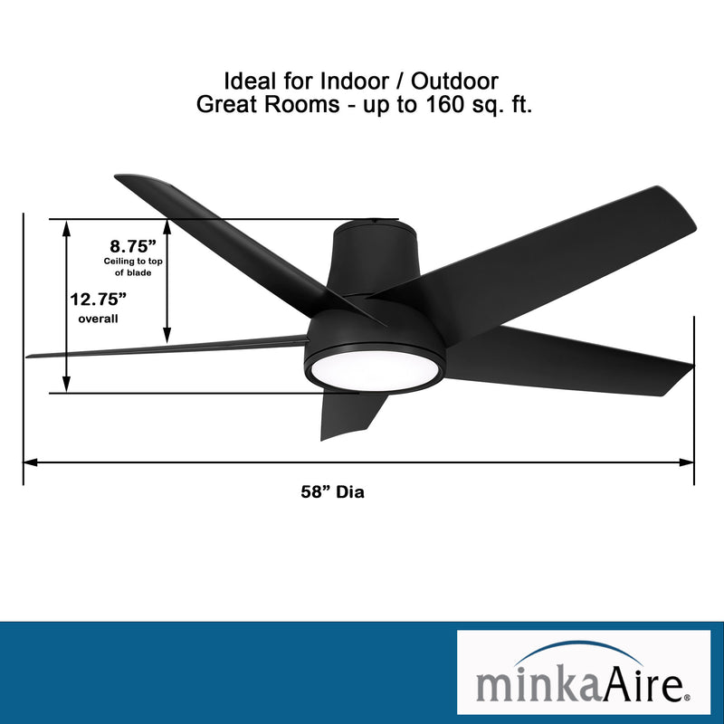 Minka Aire Chubby F782L-CL 58-Inch Wet LED Outdoor Hugger Flush Mount Ceiling Fan in Coal Black with Remote