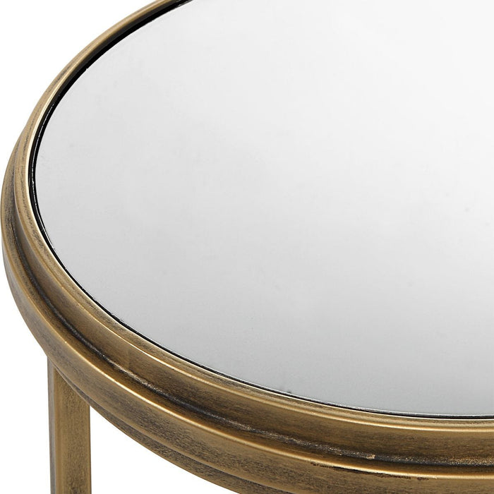 Mavren Nesting Tables Set of 2 | Antique Brushed Gold and Mirrored Top (Medium: 15 in. W x 21 in. H; Large: 18 in. W x 24 in. H)