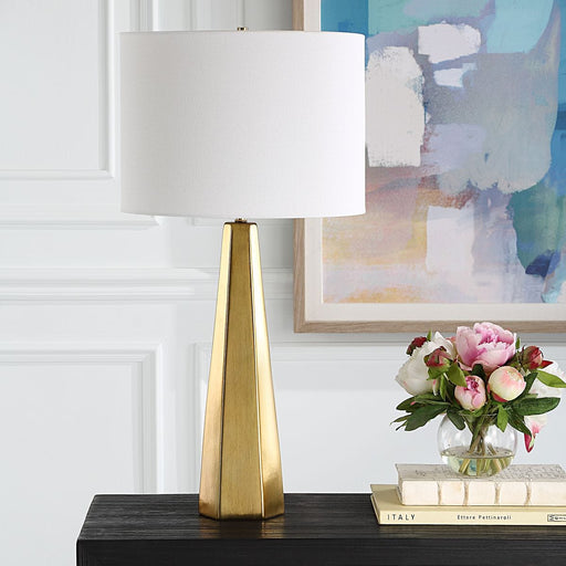 Vesix Gold Modern Ceramic Table Lamp with White Linen Shade (28" H Lamp with 10" H x 14" W Shade)