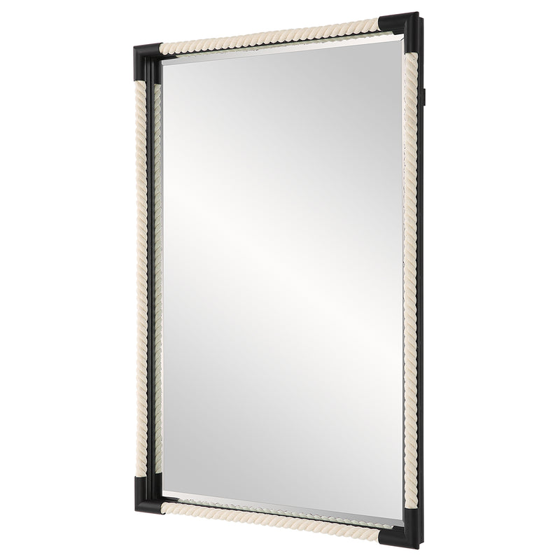 Uttermost Marina 09942 white cotton rope modern coastal rectangle bathroom vanity mirror with matte black iron details, 24 in. W x 36 in. H