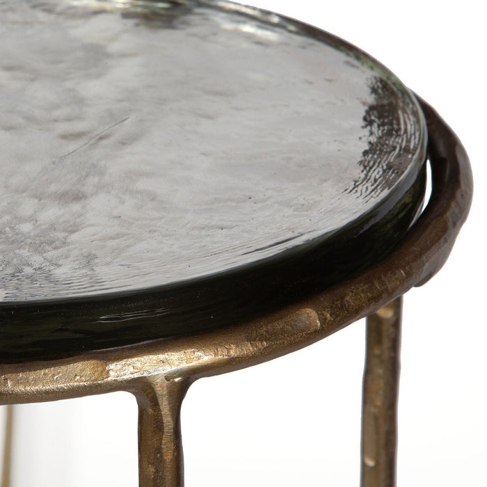 Vortel Accent Table | Antique Gold Textured Iron and Recycled Glass Top (12 in. W x 24 in. H)