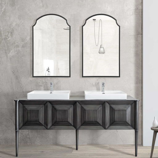 Treva Satin Black Mirror | Modern Arch Iron Frame Bathroom Vanity Mirror (22 in. W x 36 in. H x 1 in. D)