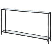 Tivlo Console Table | Satin Black with Mirrored Top and Tempered Glass Bottom (56 in. W x 30 in. H x 8 in. D)