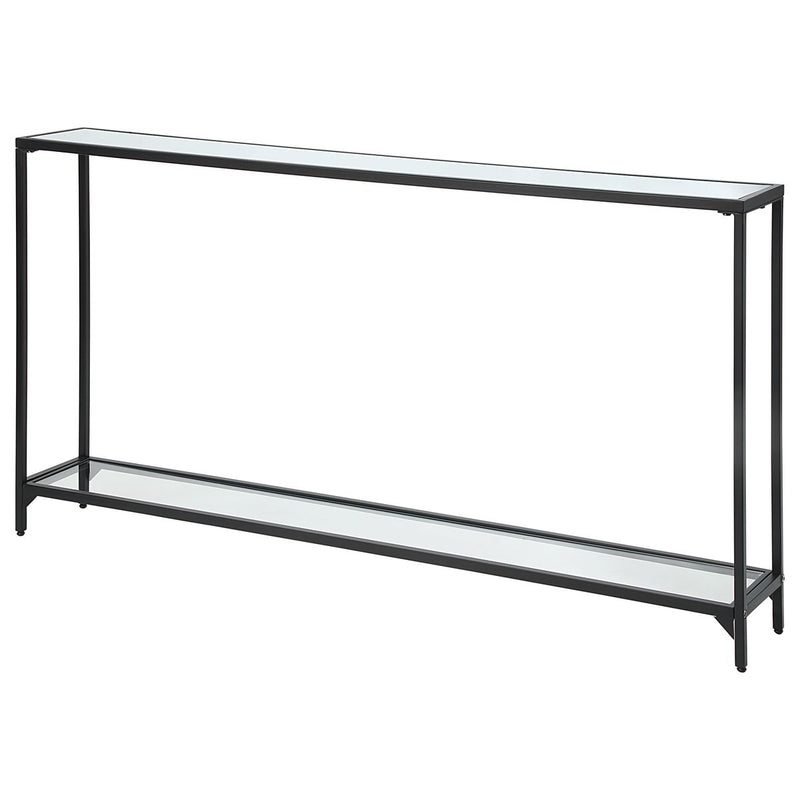 Tivlo Console Table | Satin Black with Mirrored Top and Tempered Glass Bottom (56 in. W x 30 in. H x 8 in. D)