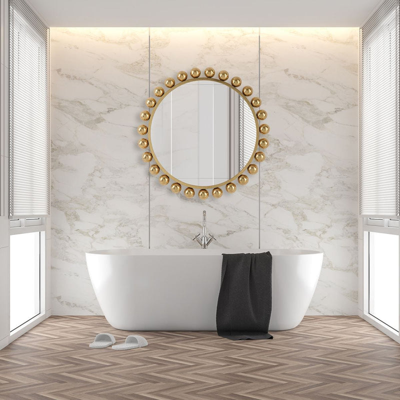 Spindra Rich Gold Mirror | Modern Round Metal Frame Bathroom Vanity Mirror (34 in. W x 34 in. H x 2 in. D)