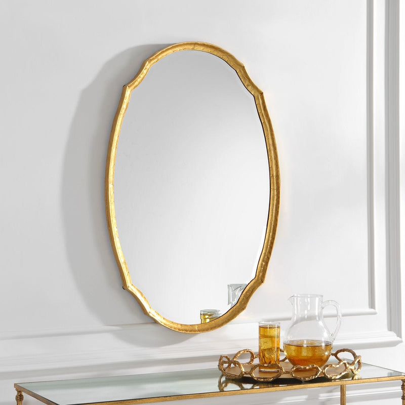 Midora Antique Gold Leaf Mirror | Modern Oval Hammered Iron Frame Bathroom Vanity Mirror Mounted Vertical or Horizontal (24 in. W x 36 in. H x 2 in. D)