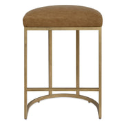 Stellix Antique Brushed Brass Counter Stool | Modern Iron Frame with Camel Colored Faux Leather Cushion  (19 in. W x 26 in. H x 14 in. D)