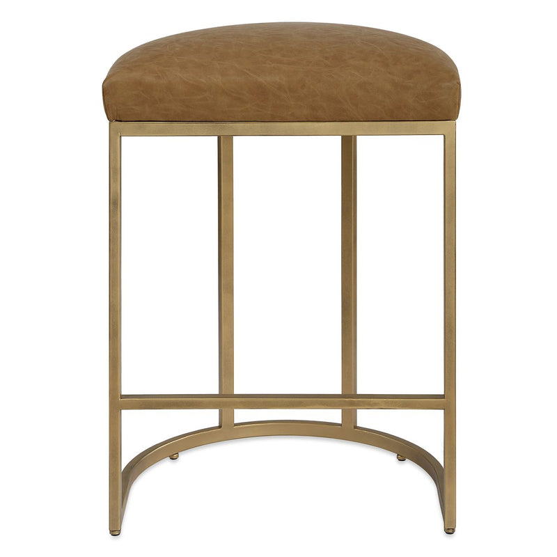 Stellix Antique Brushed Brass Counter Stool | Modern Iron Frame with Camel Colored Faux Leather Cushion  (19 in. W x 26 in. H x 14 in. D)