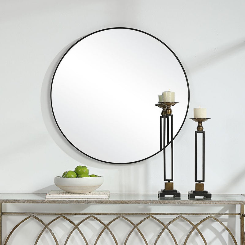 Arculo Satin Black Mirror | Modern Round Aluminum Frame Bathroom Vanity Mirror (34 in. W x 34 in. H x 2 in. D)