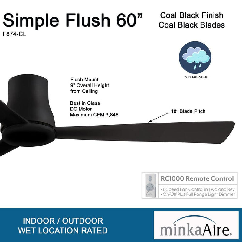 Minka Aire Simple Flush Hugger 60" Coal Black Outdoor Ceiling Fan with Remote