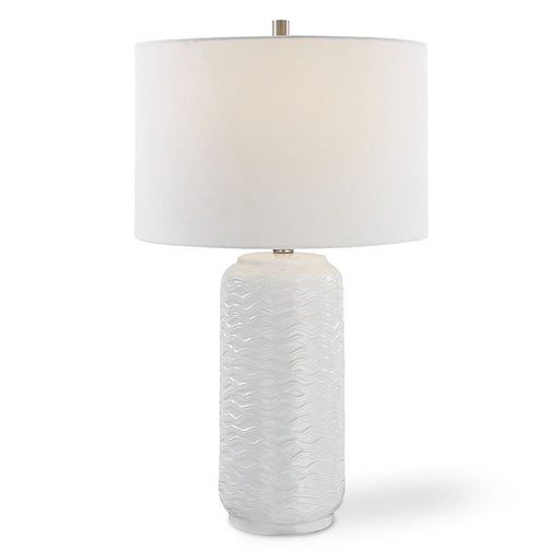 Tivora White Modern Ceramic Table Lamp with White Linen Shade (27" H Lamp with 10" H x 15" W Shade)