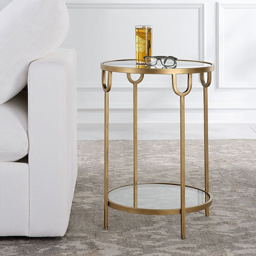 Straven Accent Table | Antique Gold with Mirrored Top and Tempered Glass Bottom (17 in. W x 24 in. H)
